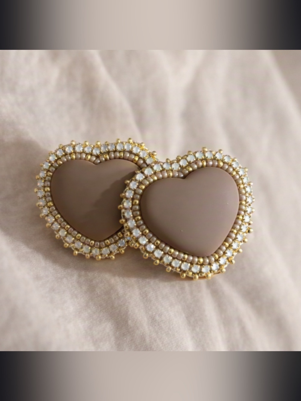 Heart-Shaped Taupe Stone & Gold Crystal Statement Earrings